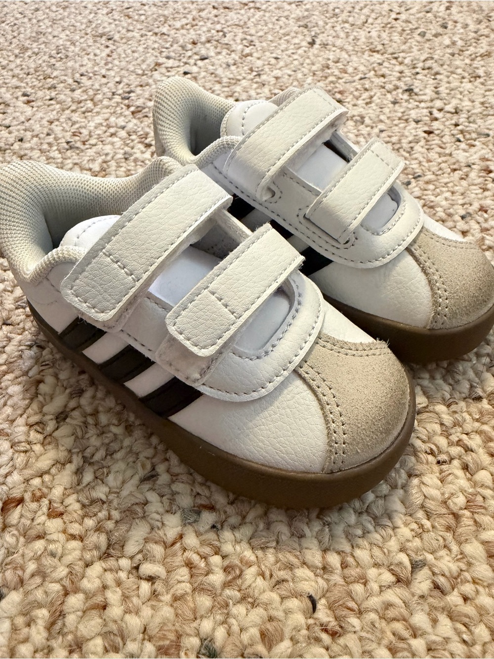 adidas Kids White and Taupe Velcro Sneakers with Black Stripes